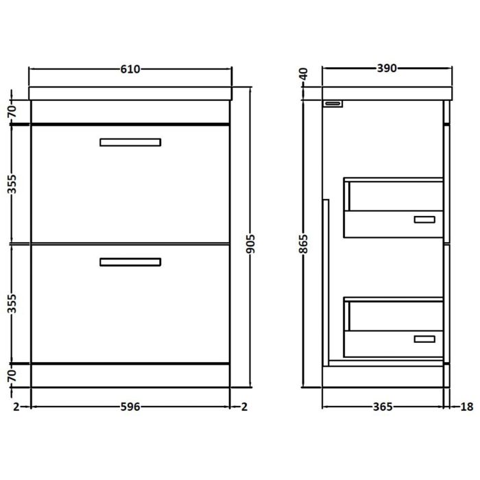 Dezine Nene 600mm Gloss Grey Floor Standing 2 Drawer Vanity Unit, with Basin