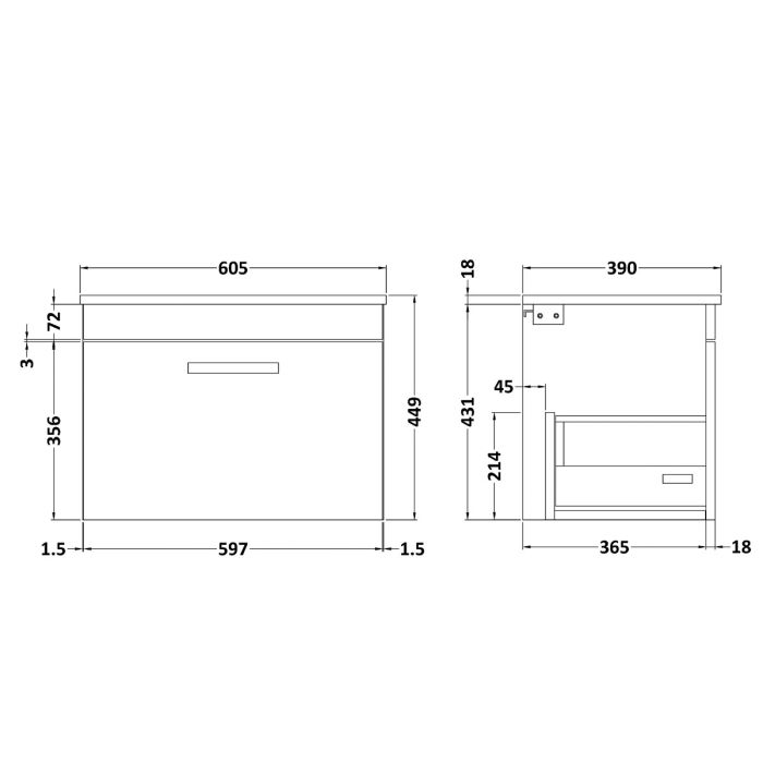 Dezine Nene 600mm Gloss Grey Stort Hung 1 Drawer Vanity Unit, with Worktop