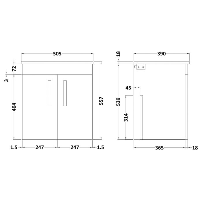 Dezine Nene 500mm Natural Oak Stort Hung 2 Door Vanity Unit, with Worktop