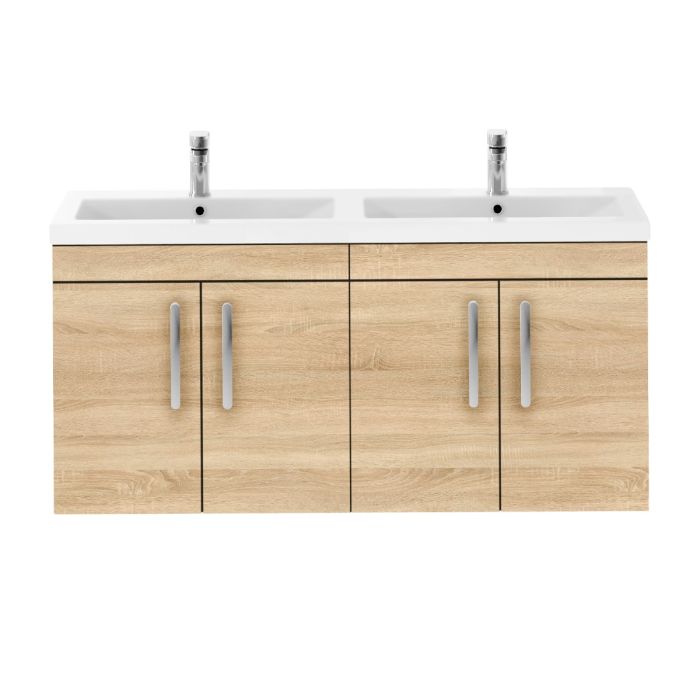 Dezine Nene 1200mm Natural Oak Stort Hung 4 Door Double Vanity Unit