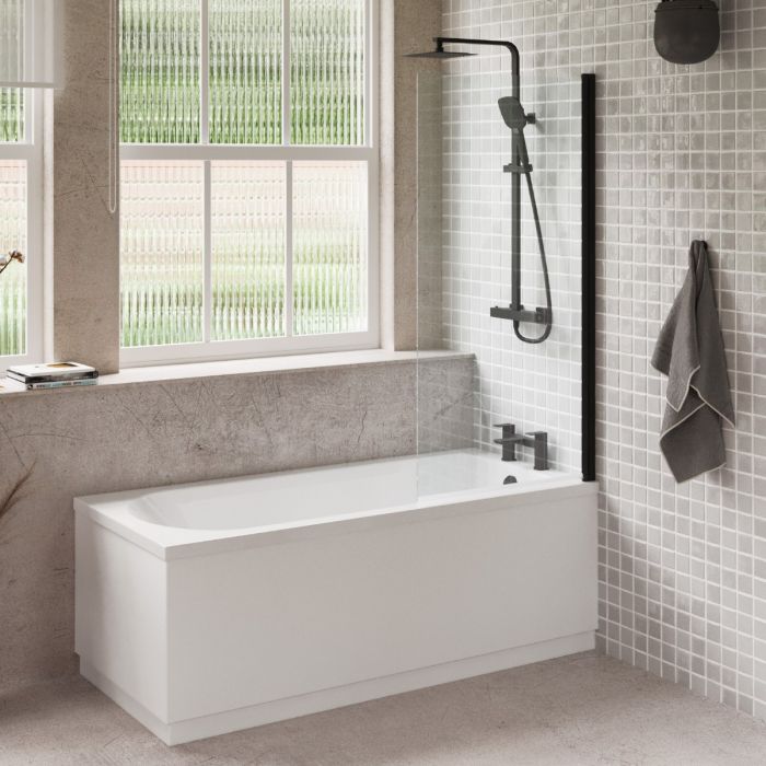 Dezine Alto 1600 x 700mm Bath Pack with Bath, Matt Black Rectangular Screen, Tap, Shower and Panel