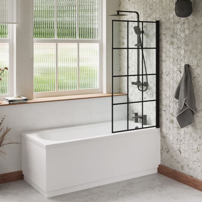 Dezine Alto 1500 x 700mm Bath Pack with Bath, Matt Black Grid Screen, Tap, Shower and Panel