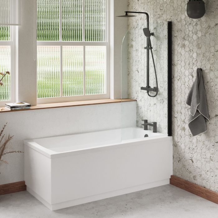 Dezine Duddon 1500 x 700mm Bath Pack with Bath, Matt Black Radius Screen, Tap, Shower and Panel