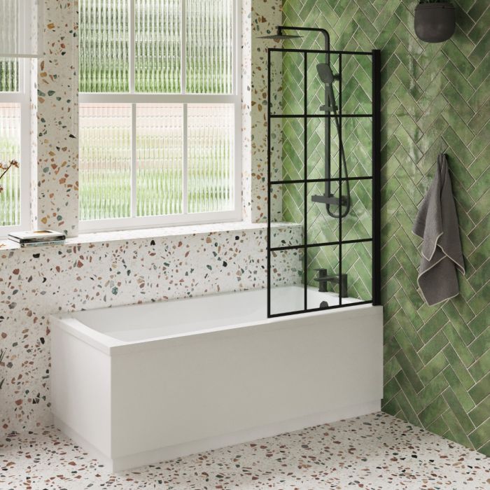 Dezine Duddon 1600 x 700mm Bath Pack with Bath, Matt Black Grid Screen, Tap, Shower and Panel