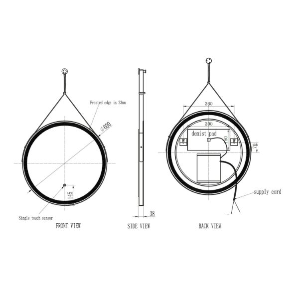 Dezine Beck Round Led Hanging Mirror - 600mm Wide - Matt Black