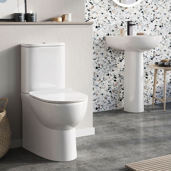 Dezine Lowther Rimless Close Coupled Toilet with Wrapover Soft Close Seat