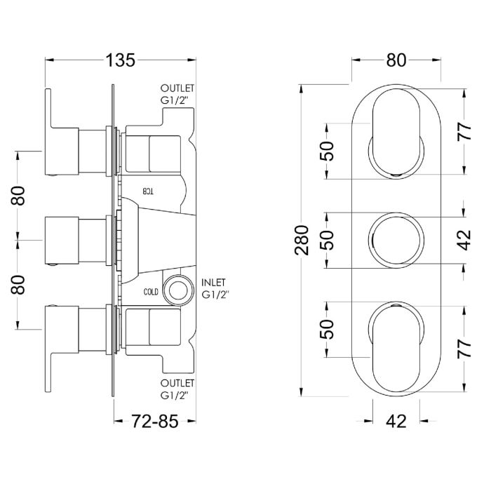 Dezine Pennar 10 Pure Chrome Round Concealed Triple Shower Valve, 2 Outlet