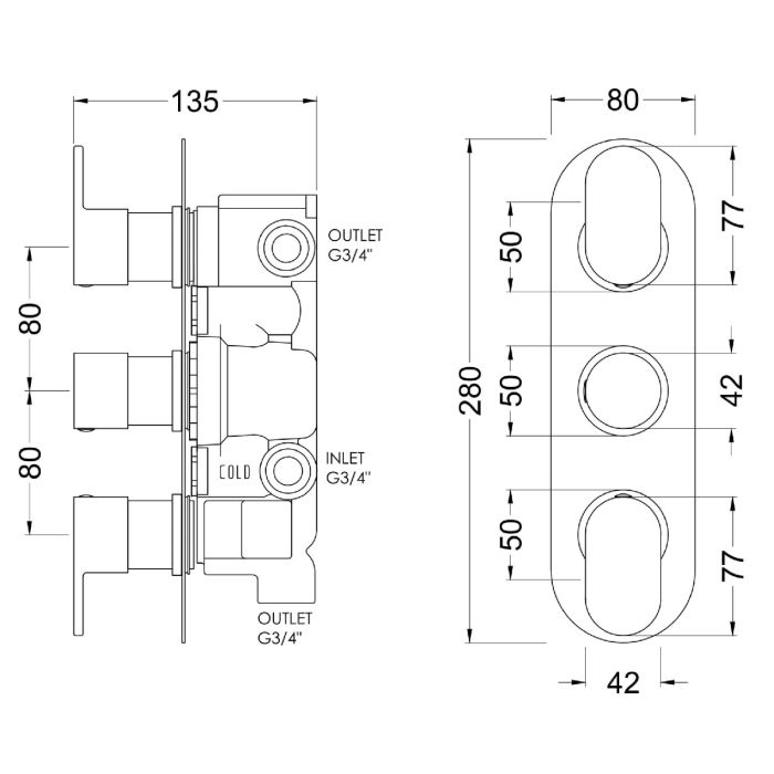 Dezine Pennar 10 Pure Chrome Round Concealed Triple Shower Valve with Diverter, 3 Outlet