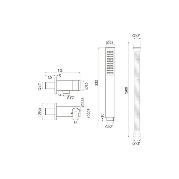 Dezine Square Shower Outlet With Hose And Head - Chrome