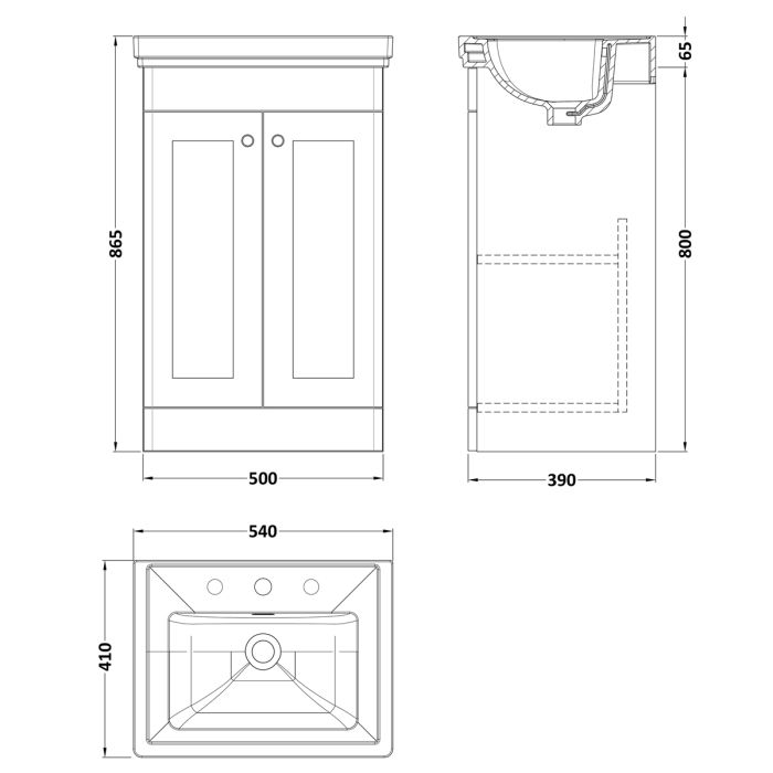 Dezine Gade 2.0 500mm Floor Standing Satin White Vanity Unit - 3 Tap Hole