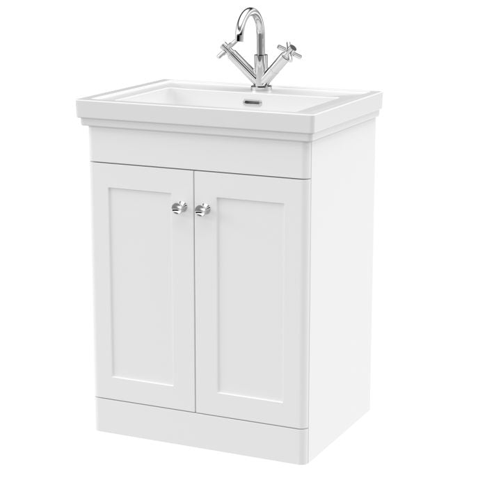 Dezine Gade 2.0 600mm Floor Standing Satin White Vanity Unit - 1 Tap Hole