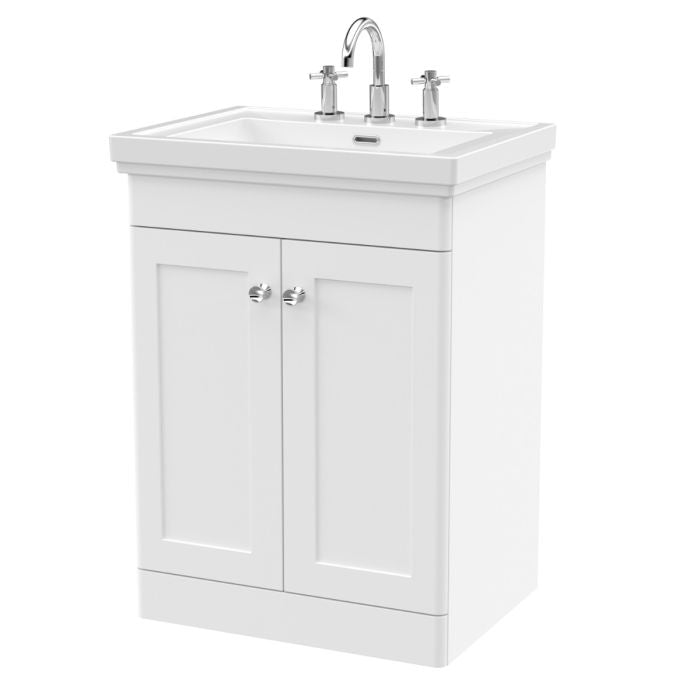 Dezine Gade 2.0 600mm Floor Standing Satin White Vanity Unit - 3 Tap Hole