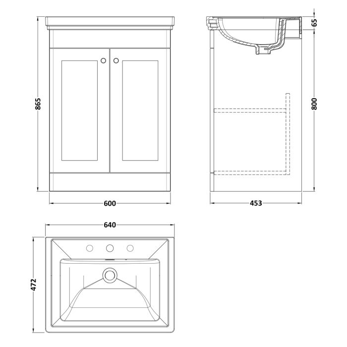 Dezine Gade 2.0 600mm Floor Standing Satin White Vanity Unit - 3 Tap Hole