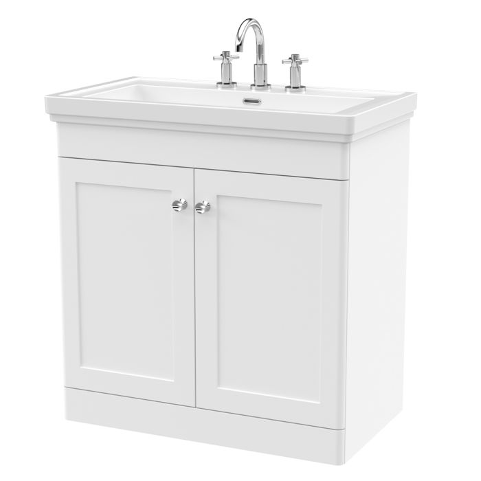 Dezine Gade 2.0 800mm Floor Standing Satin White Vanity Unit - 3 Tap Hole