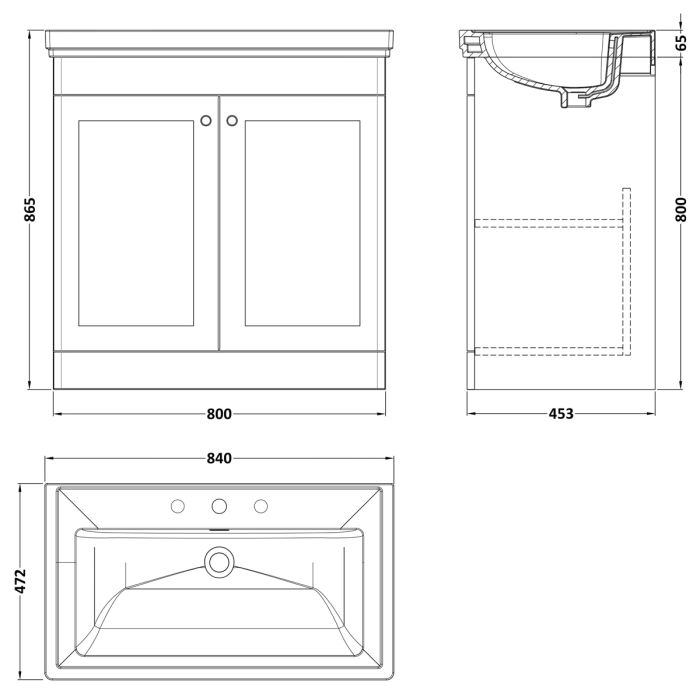 Dezine Gade 2.0 800mm Floor Standing Satin White Vanity Unit - 3 Tap Hole