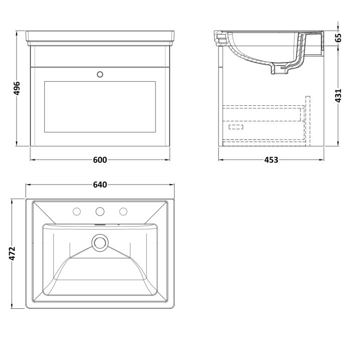 Dezine Gade 2.0 600mm Stort Hung Satin Anthracite Vanity Unit - 3 Tap Hole