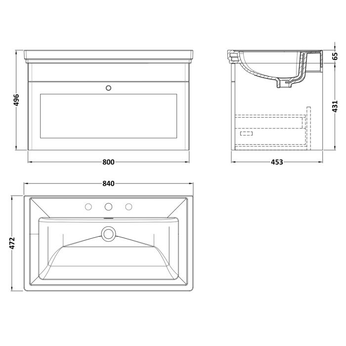 Dezine Gade 2.0 800mm Stort Hung Satin Anthracite Vanity Unit - 3 Tap Hole