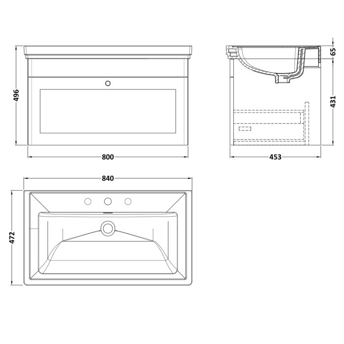 Dezine Gade 2.0 800mm Stort Hung Satin White Vanity Unit - 3 Tap Hole