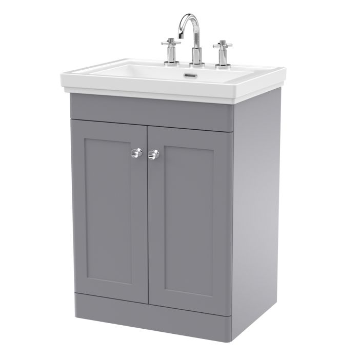 Dezine Gade 2.0 600mm Floor Standing Satin Grey Vanity Unit - 3 Tap Hole