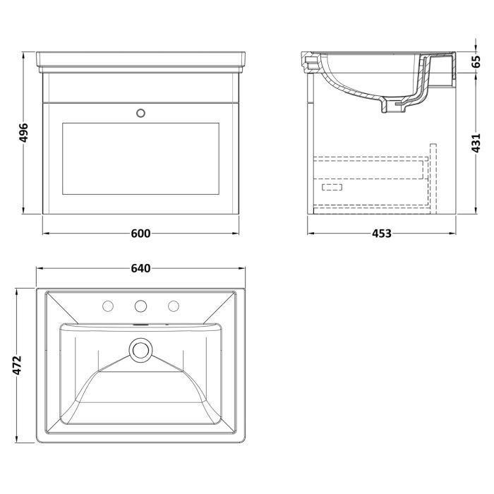 Dezine Gade 2.0 600mm Stort Hung Satin Grey Vanity Unit - 3 Tap Hole