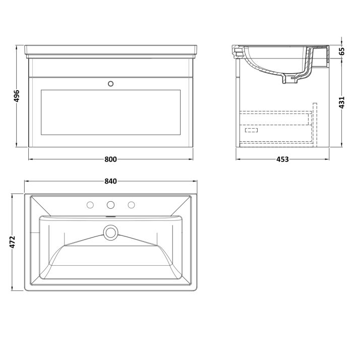 Dezine Gade 2.0 800mm Stort Hung Satin Grey Vanity Unit - 3 Tap Hole