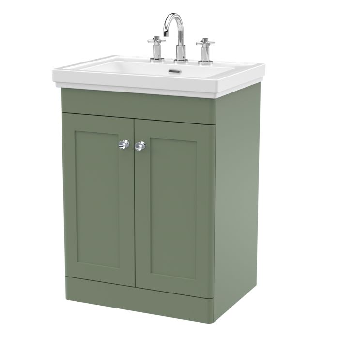 Dezine Gade 2.0 600mm Floor Standing Satin Green Vanity Unit - 3 Tap Hole