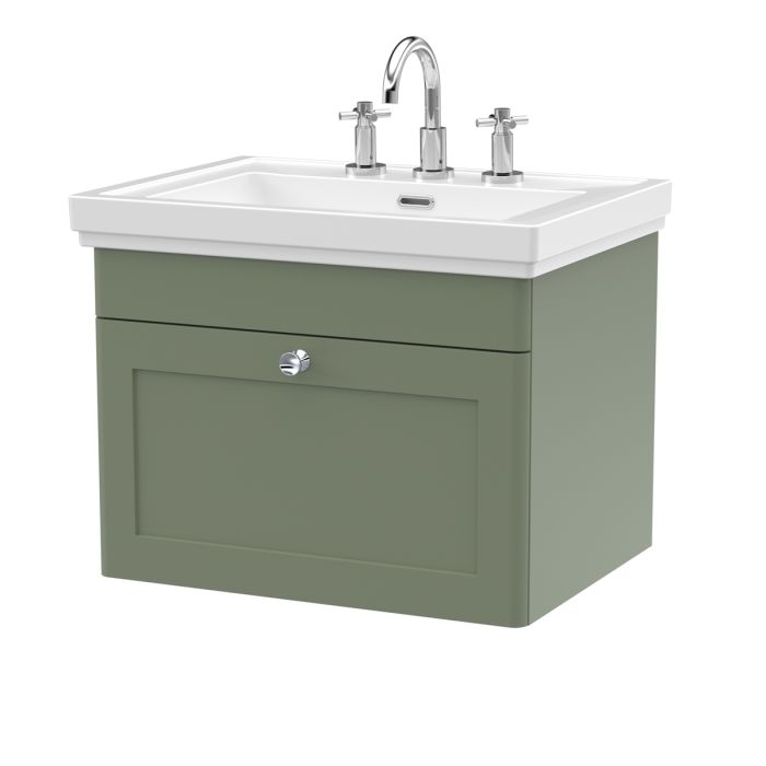 Dezine Gade 2.0 600mm Stort Hung Satin Green Vanity Unit - 3 Tap Hole