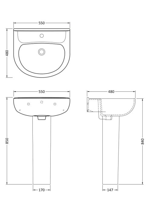 Dezine Tamar 550mm 1 Tap Hole Basin with Full Pedestal