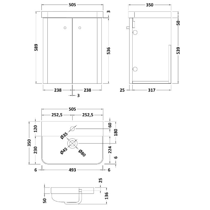 Dezine Conwy 500mm Light Gloss Grey Stort Hung Vanity Unit