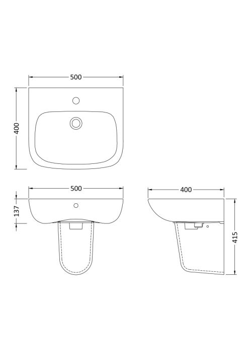 Dezine Mersey 500mm 1 Tap Hole Basin with Semi Pedestal