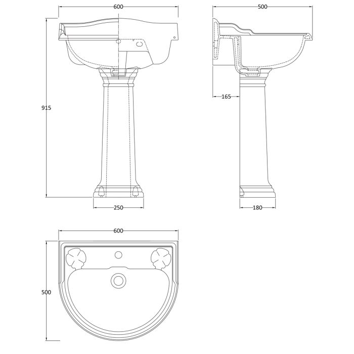 Dezine Rhone Pro 600mm 1 Tap Hole Basin and Pedestal