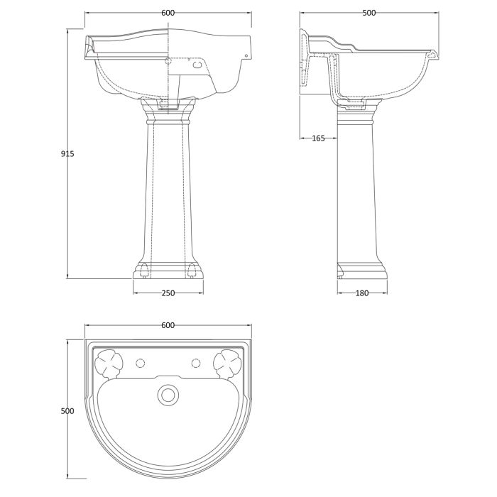 Dezine Rhone Pro 600mm 2 Tap Hole Basin and Pedestal