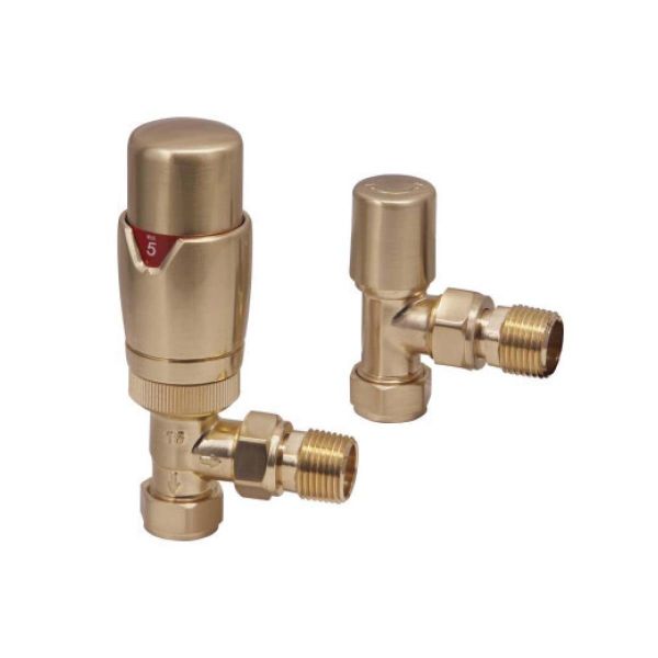 Dezine Designer Angled Radiator Valves Pair - Brushed Brass