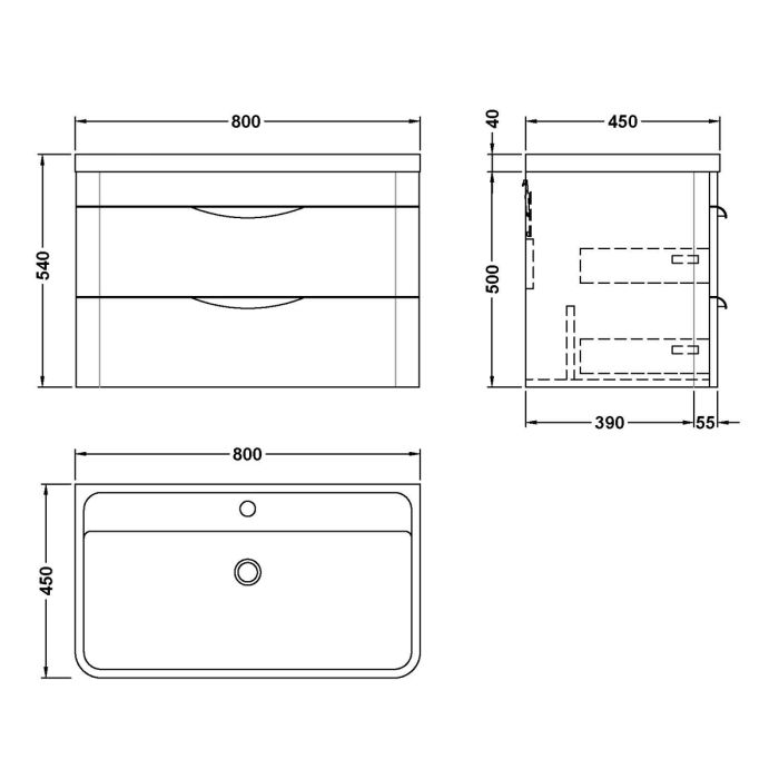 Dezine Dulais 800mm 2 Drawer Satin Anthracite Stort Hung Vanity Unit