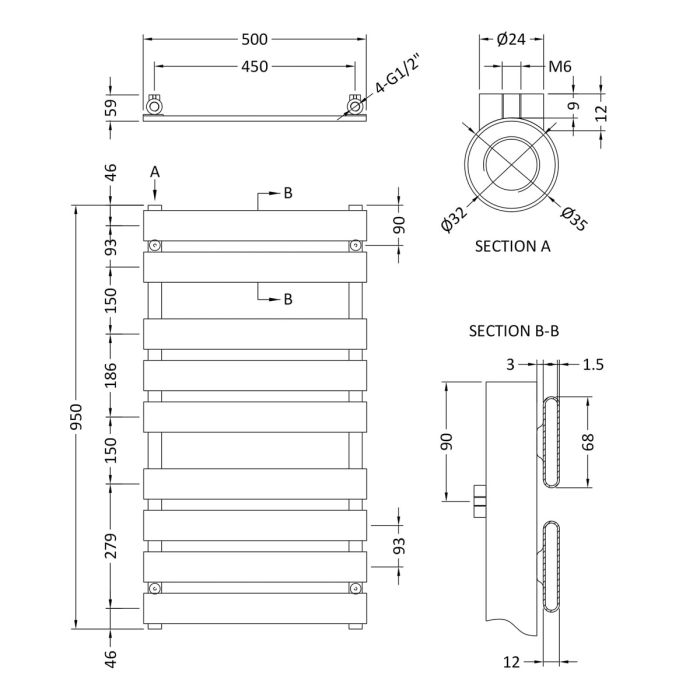 Dezine Chrome 950 x 500mm Flat Panel Towel Rail