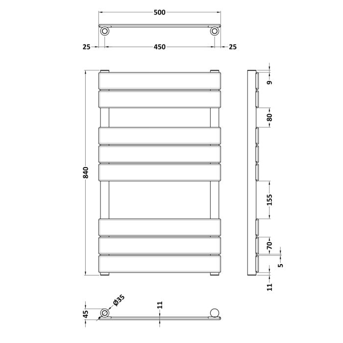 Dezine Matt Black 840 x 500mm Flat Panel Towel Rail