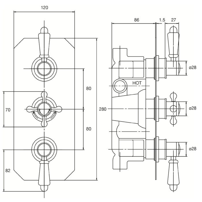 Dezine Earn Concealed Triple Shower Valve, 2 Outlet