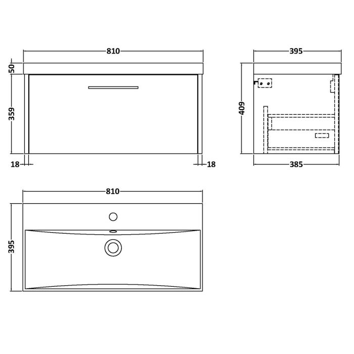 Dezine Almond 800mm Matt Blue 1 Drawer Stort Hung Vanity Unit