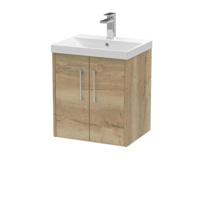 Dezine Almond 500mm Oak Woodgrain 2 Door Stort Hung Vanity Unit