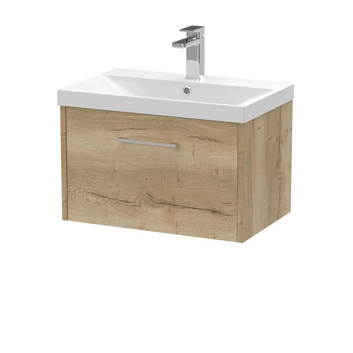 Dezine Almond 600mm Oak Woodgrain 1 Drawer Stort Hung Vanity Unit