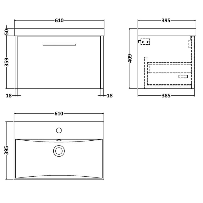 Dezine Almond 600mm Oak Woodgrain 1 Drawer Stort Hung Vanity Unit