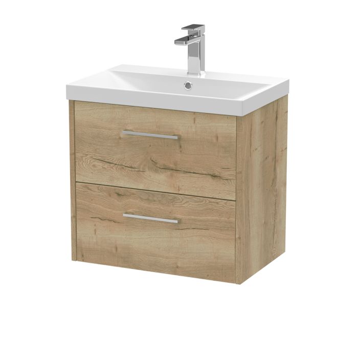 Dezine Almond 600mm Oak Woodgrain 2 Drawer Stort Hung Vanity Unit