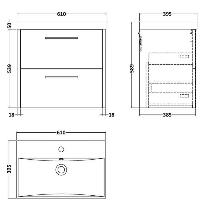 Dezine Almond 600mm Oak Woodgrain 2 Drawer Stort Hung Vanity Unit