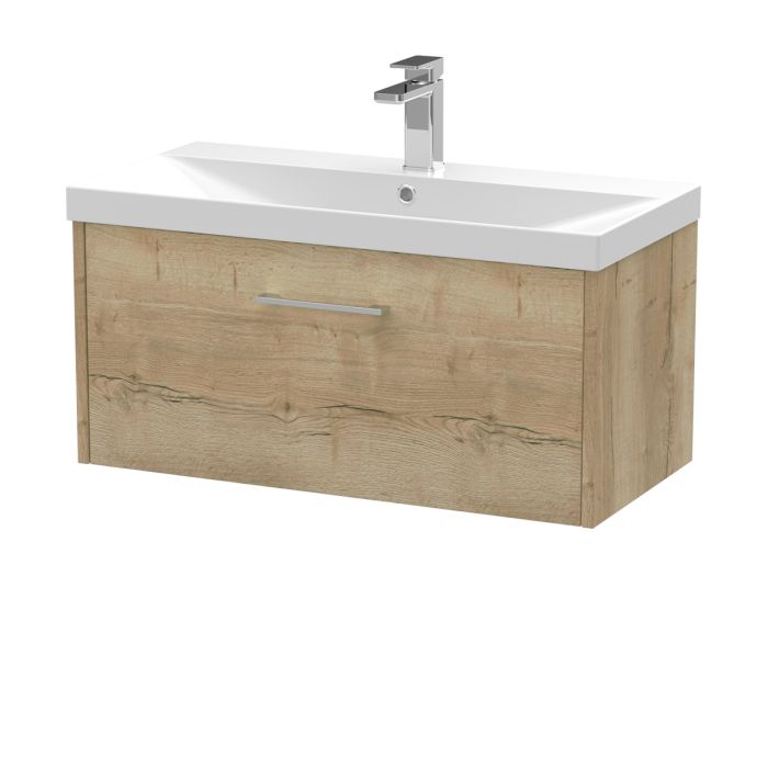 Dezine Almond 800mm Oak Woodgrain 1 Drawer Stort Hung Vanity Unit