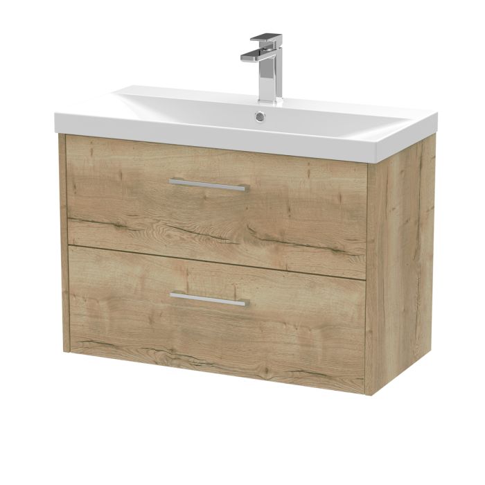 Dezine Almond 800mm Oak Woodgrain 2 Drawer Stort Hung Vanity Unit