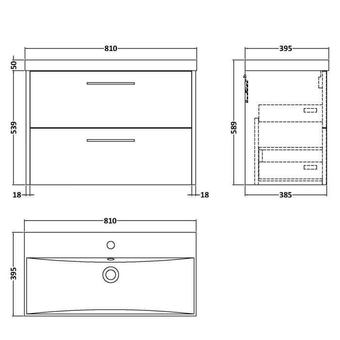 Dezine Almond 800mm Oak Woodgrain 2 Drawer Stort Hung Vanity Unit