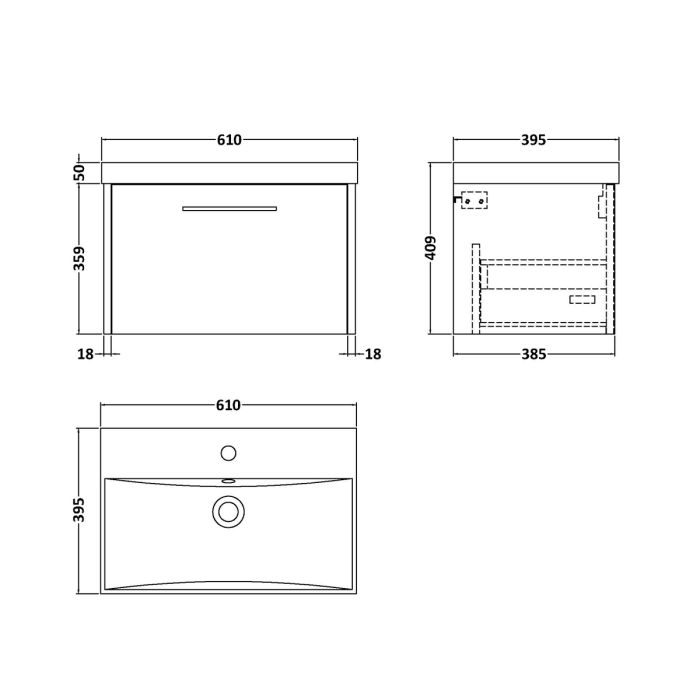 Dezine Almond 600mm White Woodgrain 1 Drawer Stort Hung Vanity Unit