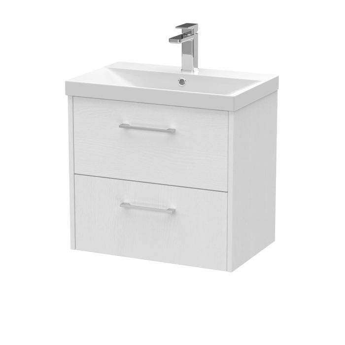 Dezine Almond 600mm White Woodgrain 2 Drawer Stort Hung Vanity Unit