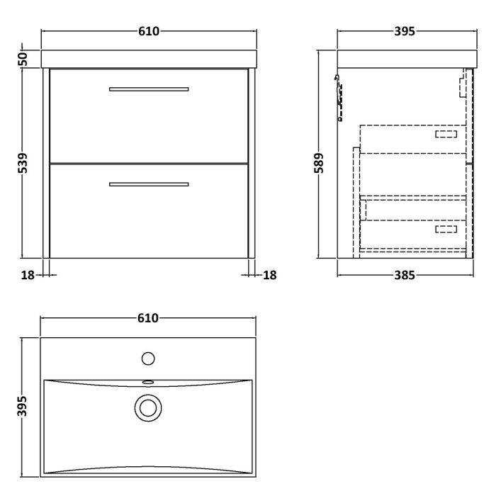 Dezine Almond 600mm White Woodgrain 2 Drawer Stort Hung Vanity Unit