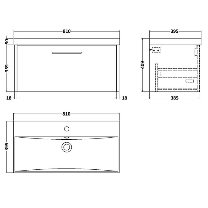 Dezine Almond 800mm White Woodgrain 1 Drawer Stort Hung Vanity Unit